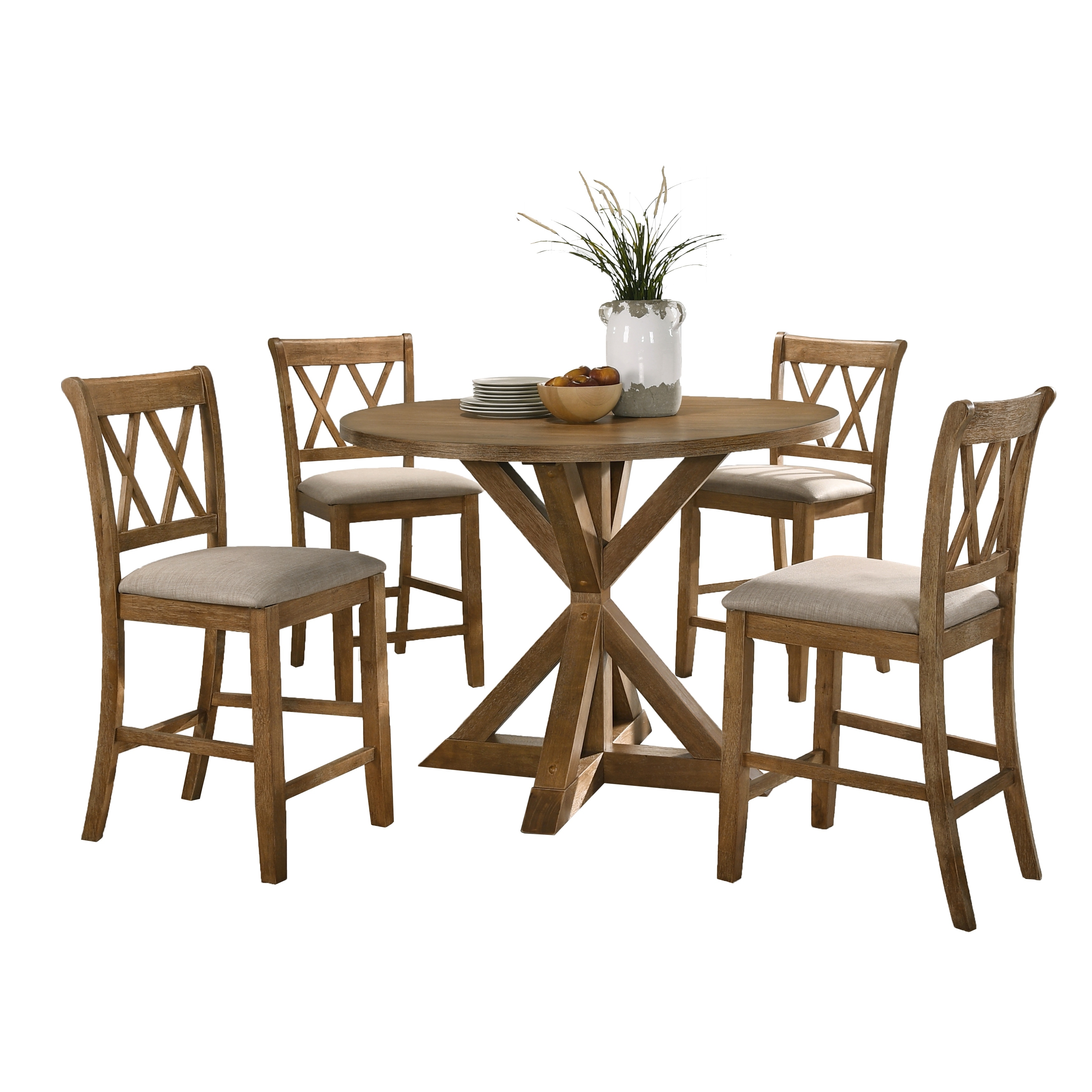 5 Piece Dining Set with Cross Base Counter Height Dining Table and 4 X-Back Dining Chairs, Kitchen Furniture, Tan