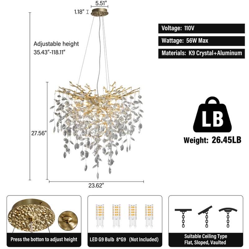 Modern Round Branch Crystal Chandelier, 600-1200mm Diameter, Marquise Cut Crystal Pendant Light