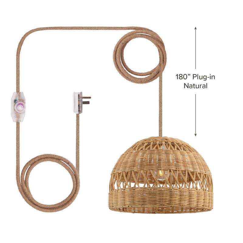Radiant Rattan Pendant Light - Natural Dome 1-Light Handwoven Light Fixture For Modern, Transitional, Farmhouse Room Decor - 18'' - 180" Plug-In Natural