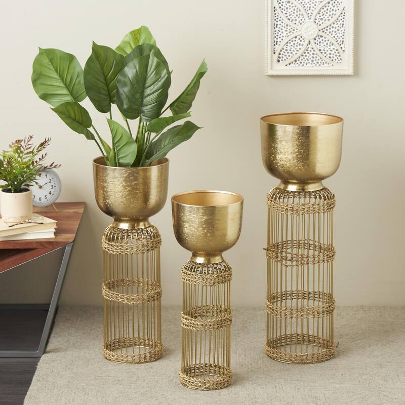 Metal Textured Dome Indoor Planter with Woven Seagrass or Rattan and Cage Rod Base - Set of 3 Gold or Silver - Roche River Decor