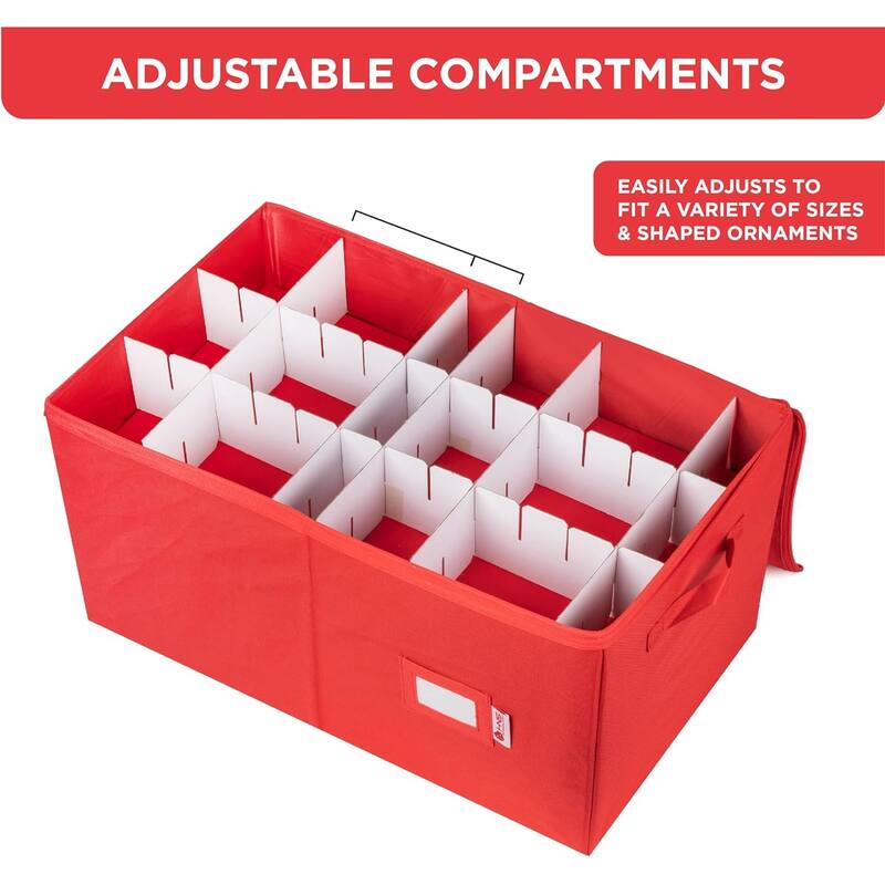 Xmas Ornament Storage Container with Dividers Fits Up to 54 - 4" Ornaments, Durable 600D, Red