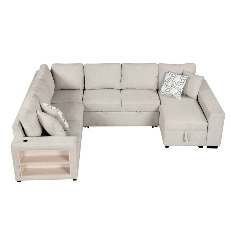 Roomfitters U-Shaped Sectional Sofa with Pull-Out Bed, Two USB Ports, Storage Chaise Lounge, and Four Back Pillows
