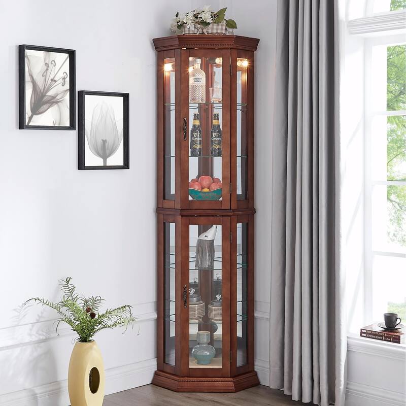 Corner Curio Cabinet with Lights(E26 light bulb not included) - Walnut