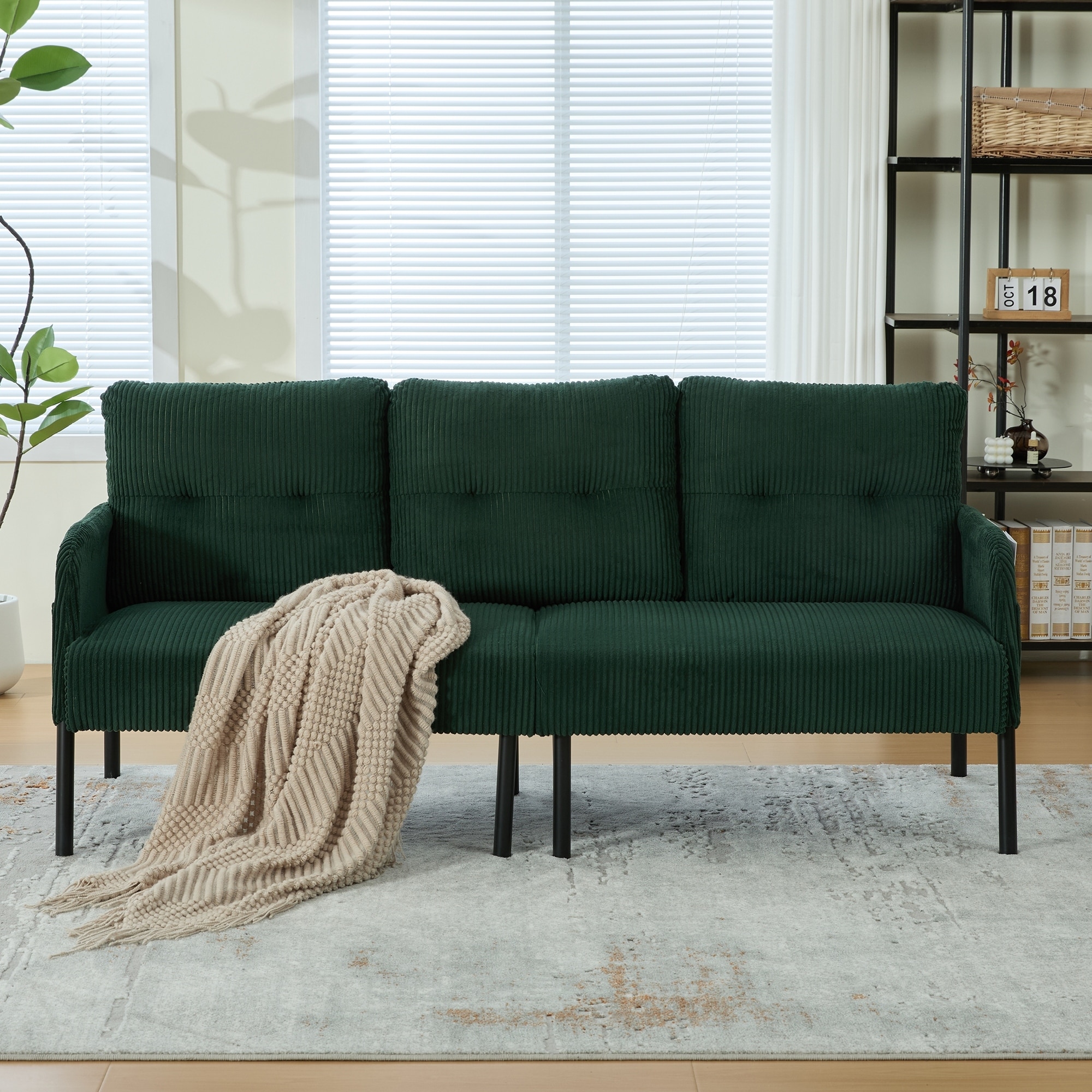 HOMEFUN Corduroy Upholstered Oversized Wood Frame Loveseat Sofa with Metal Legs and Side Pockets