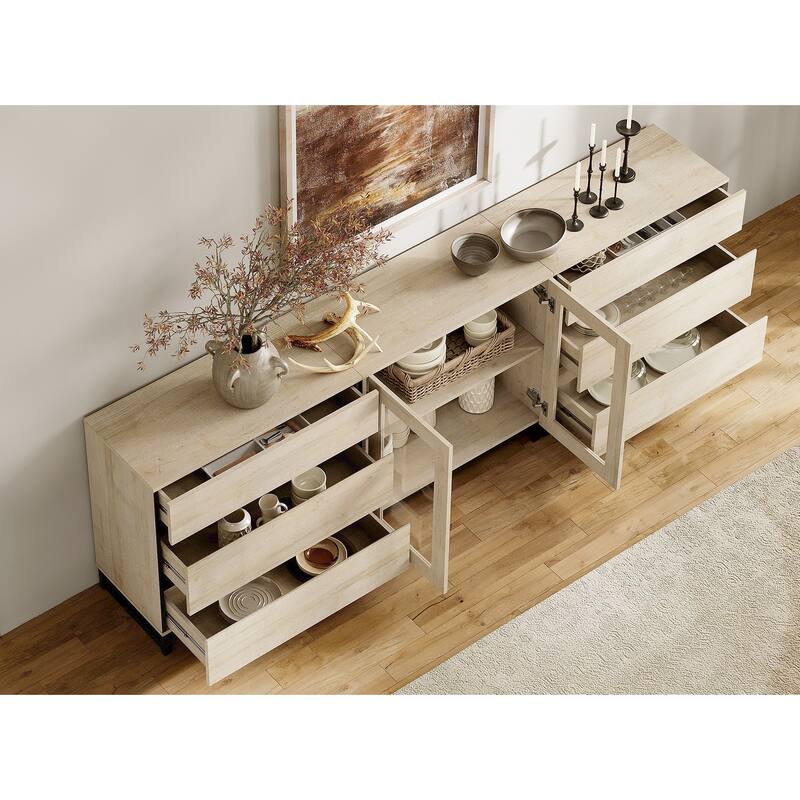 WAMPAT 3 in 1 Multifunctional Dresser with Glass Doors and 6 Drawers, Modern Chest of Drawers for Bedroom