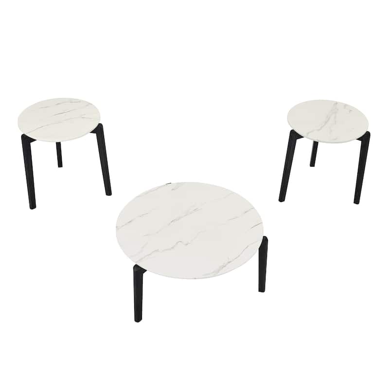 36-Inch Modern Round Coffee Table,Stylish Imitation Marble Top with Durable Rubberwood Legs,Chic Wooden Coffee Table