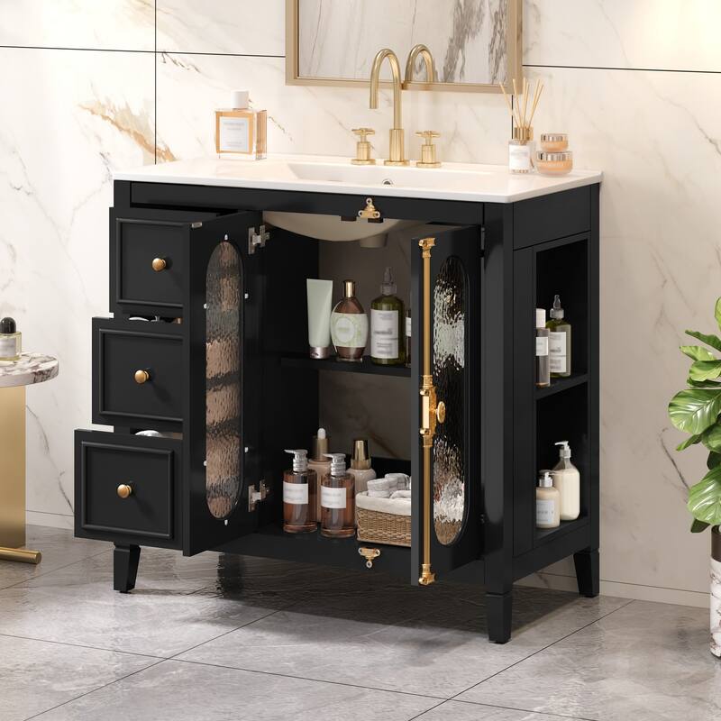 Bathroom Vanity with Sink, Freestanding Bathroom Storage Cabinet, Bathroom Vanity Set with 2 Soft Close Glass Doors & 3 Drawers