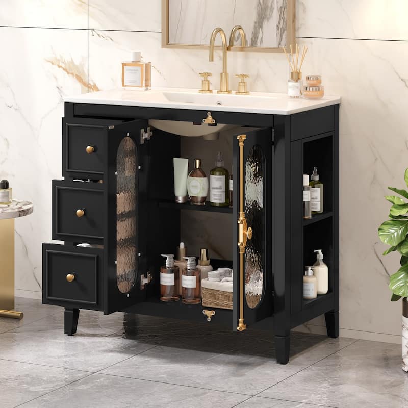 Roomfitters 36 Inch Bathroom Vanity with Sink, Freestanding Vanity Cabinet with Hammered Glass Doors and Storage Drawers, Black