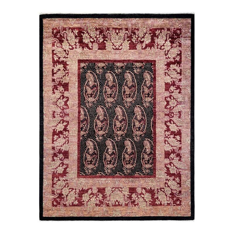 Overton Hand Knotted Wool Vintage Inspired Modern Contemporary Suzani Black Area Rug - 4' 7" x 6' 2"