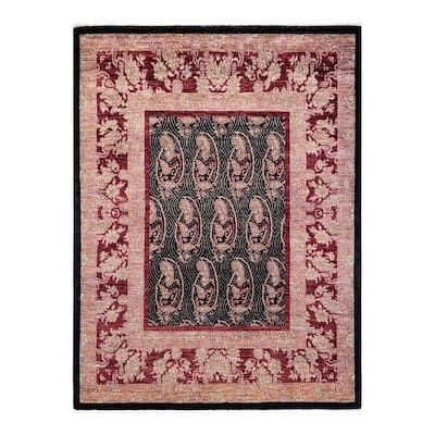 Overton Hand Knotted Wool Vintage Inspired Modern Contemporary Suzani Black Area Rug - 4' 7" x 6' 2"