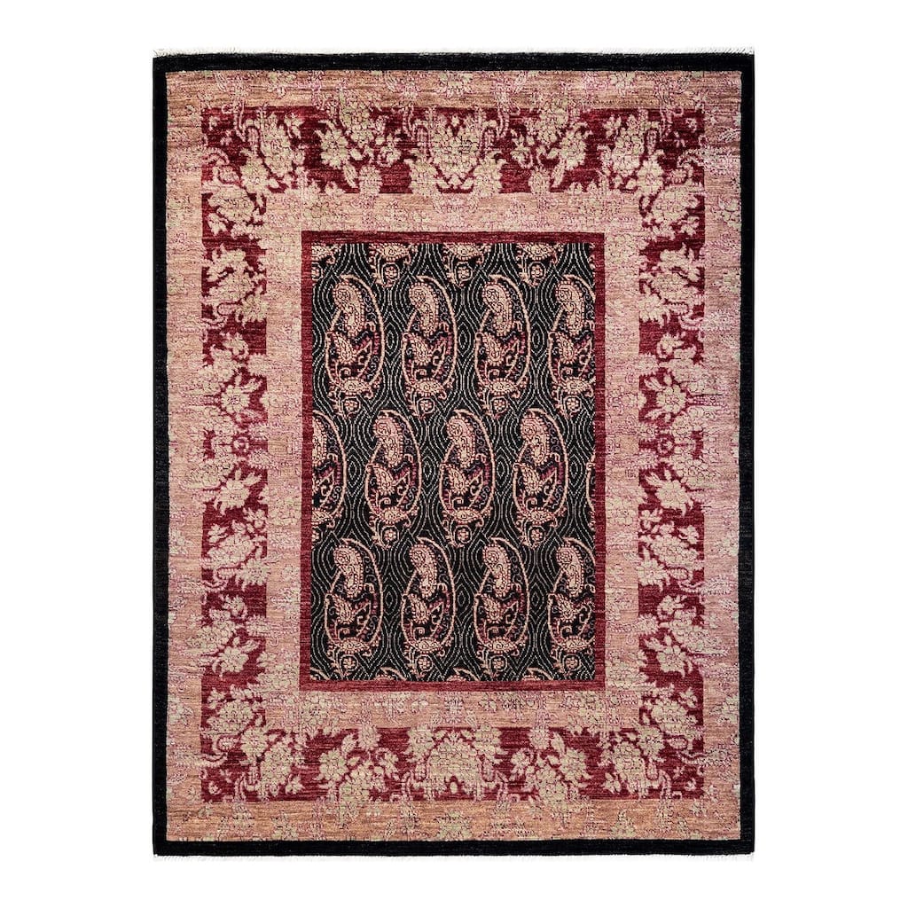 Overton Hand Knotted Wool Vintage Inspired Modern Contemporary Suzani Black Area Rug - 4' 7" x 6' 2"