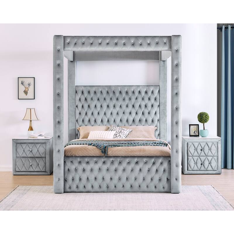 1pc Gray Nightstand Upholstery Fabric Faux Marble Top Two Storage Drawers Wooden Bedroom Furniture