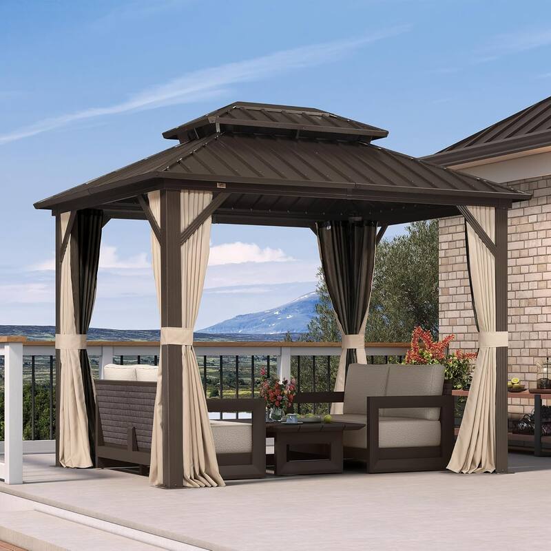 PURPLE LEAF Gazebo Outdoor Gazebo with Dual-Layer Galvanized Steel Double Roof Aluminum Gazebo with Netting and Curtains Bronze - 08' x 10' - Beige