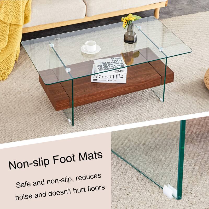 Roomfitters 43.3" Two-Tier Glass Coffee Table with Light Wood Shelf, Side Table or Display Stand