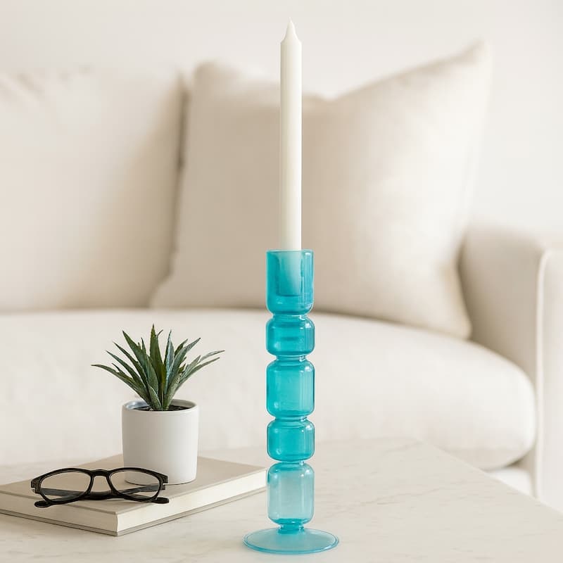 Glass Stacked Mix Bubble Taper Candle Holder - Blue