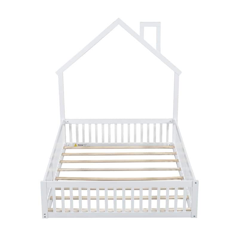 Full Size Wood House Platform Bed with Door and Guardrail, Kids Bed