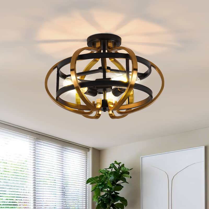 3-Light Modern Black and Gold Orb - Shaped Flush Mount Ceiling Light - Matte Black - Matte Black
