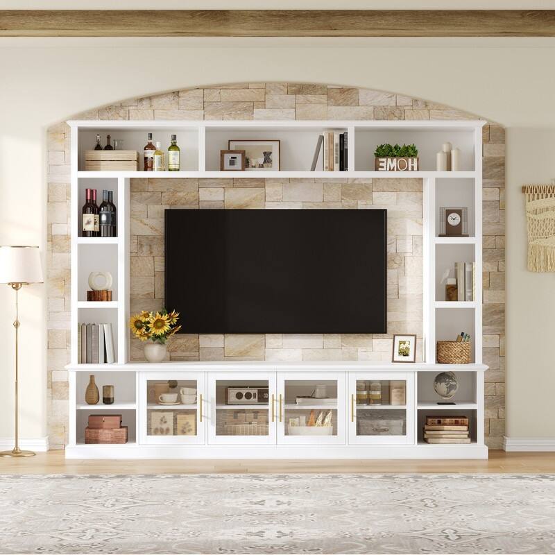 Modern Entertainment Center Wall Unit for TVs up to 80", One-Piece 95.1" TV Console Unit with Bookshelves & Tempered Glass Doors - White