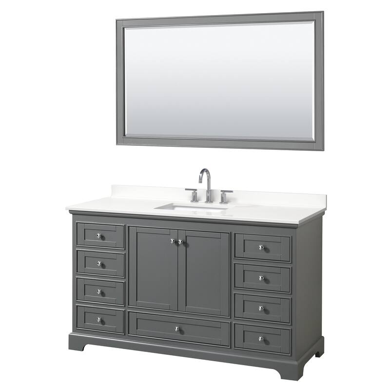 Deborah 60-inch Single Vanity, Quartz Top, 58-inch Mirror - Dark Gray, Chrome Trim, White Quartz Top