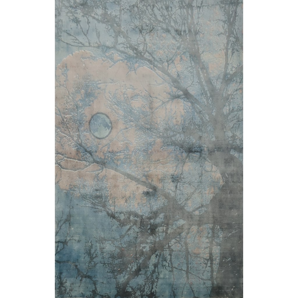 Hand Knotted Oriental Viscose Silk Carpet Modern Pictorial Navy Blue & Blues Abstract Area Rug - 7' 2'' X 5' 3''