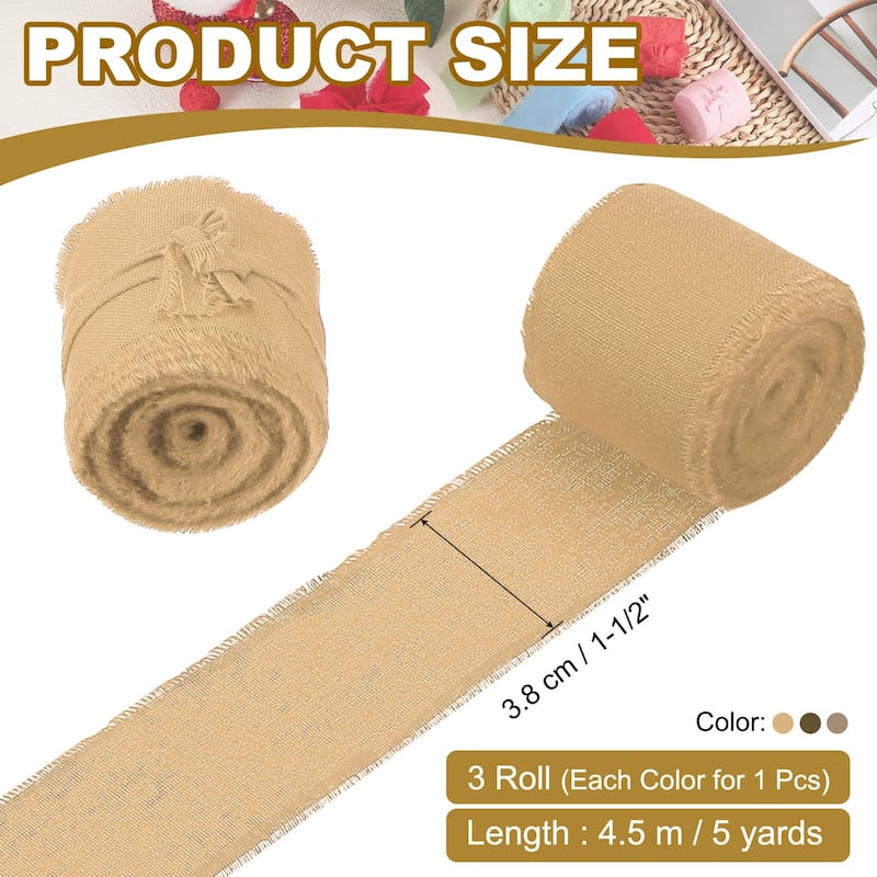 1-1/2"x15 Yd Handmade Fringe Cotton Ribbon Frayed Ribbons 3 Roll - 5Yd - Khaki/Caramel/Dark Coffee