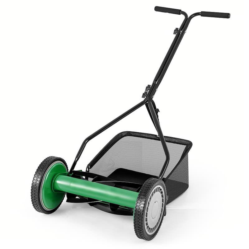 Green Steel Manual Reel Lawn Mower with 4 Heights and Grass Catcher Bag - 21" L x 28" W x 49" H