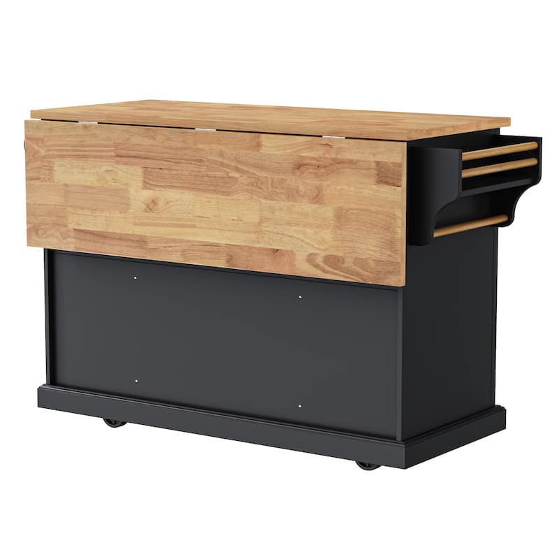 54" Large Rolling Kitchen Island with Rubber Wood Drop Leaf - Embossed Texture Storage Cart with 4 Doors & 3 Drawers for Kitchen