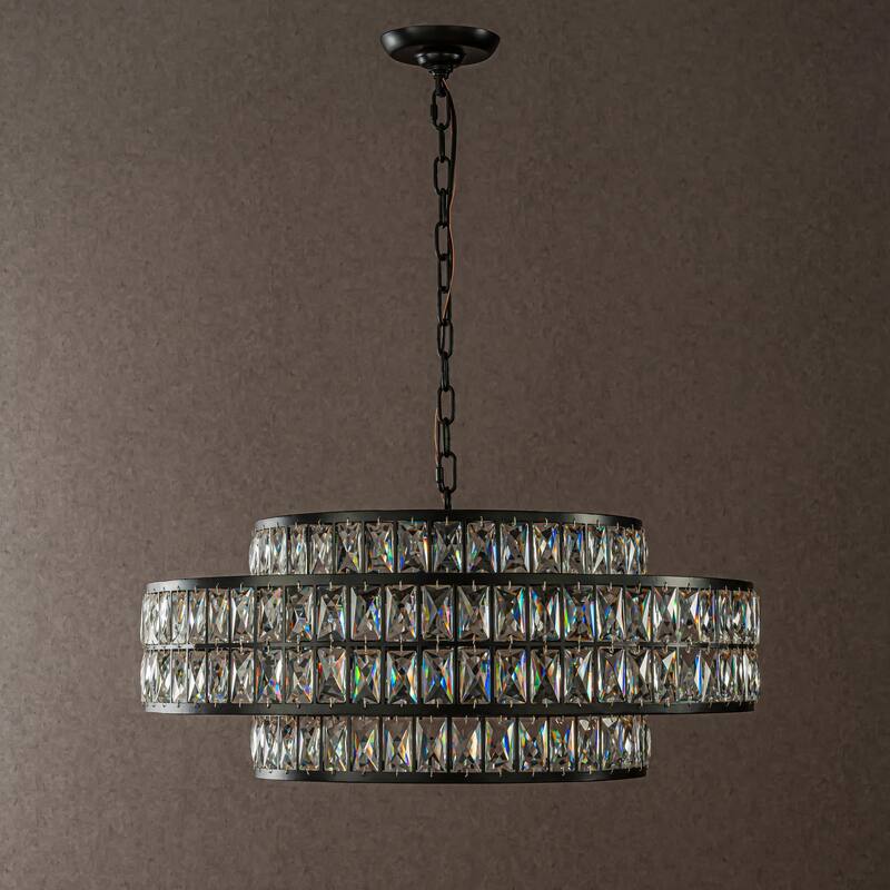 CraftHome Modern Crystal Chandelier Matte Black Finish Drum Pendant Light for Small Spaces Dining Room Entryway - W27"