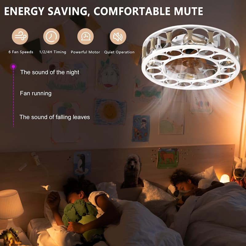 Modern Semi Recessed Ceiling Fan Light with Light and Timer Function, 6 Wind Speeds for Bedroom and Living Room
