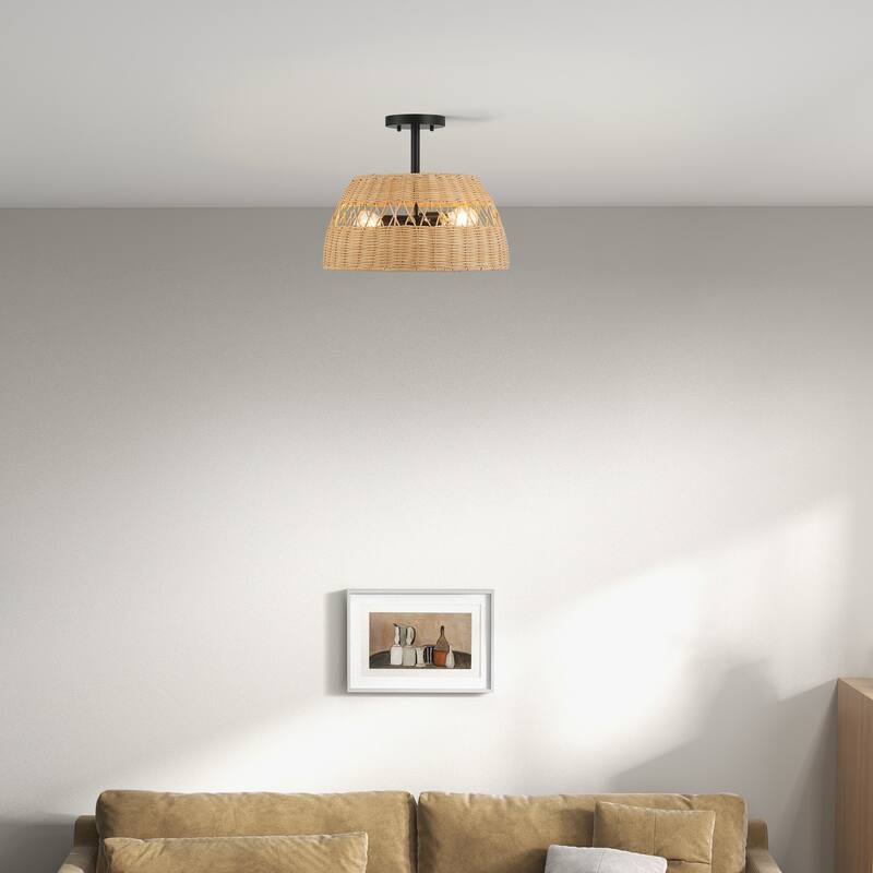 Twinre Rattan Semi-Flush Ceiling Light, Farmhouse Double Light Fixture