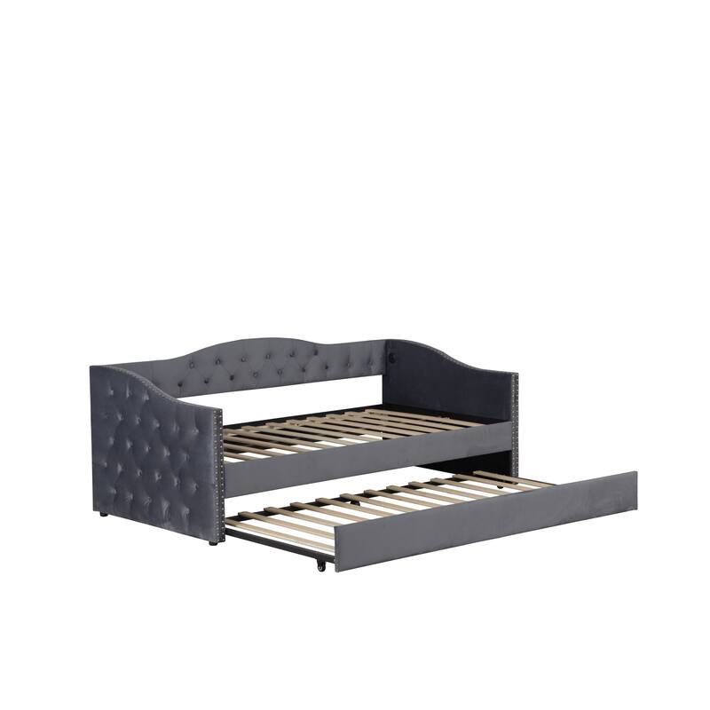 Twin Size Upholstered Daybed with Trundle and USB Charging Design, Sturdy Wood Slat Support, Wood Bed Frame,Plush Velvet Fabric