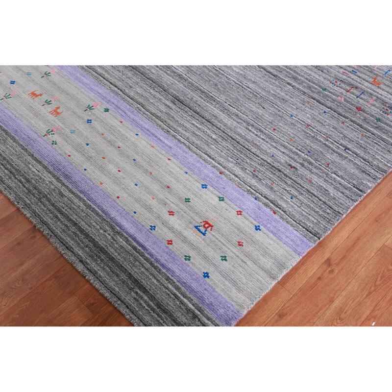 Hand Knotted Oriental 100% Wool Carpet Tribal Stripe Greys & Charcoal Gabbeh Area Rug - 12' 6'' X 9' 3''