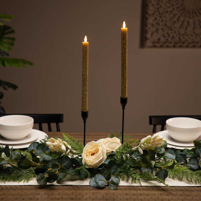LED Flickering Flameless Taper Glittered Christmas Candles - 11" - Gold - Set of 2