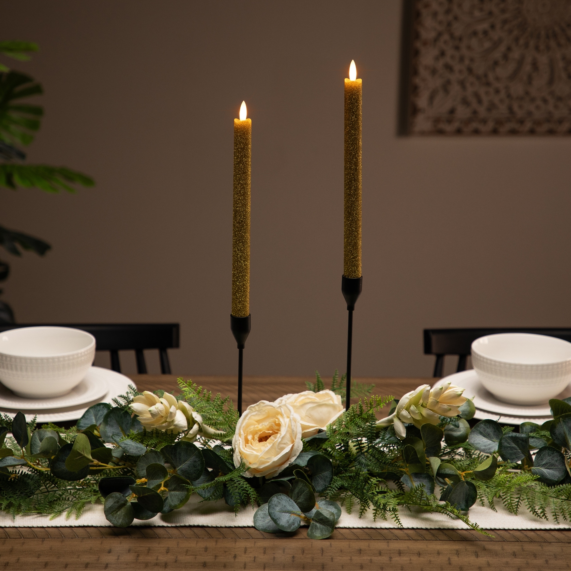LED Flickering Flameless Taper Glittered Christmas Candles - 11" - Gold - Set of 2