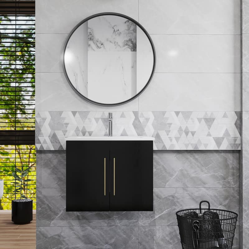 24-Inch Wall-Mounted Bathroom Vanity with Sink Combo,Double Doors,Soft Close Hinges, Ceramic Basin,Easy Assemble - Black