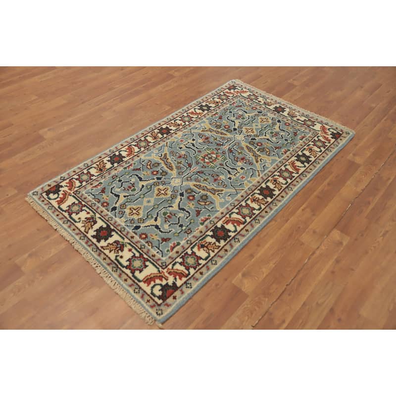 Hand-knotted Transitional Wool Carpet Blue Oushak Rug Oriental Carpet Floral Area Rug Oriental Carpet - 5' 0'' X 2' 11''