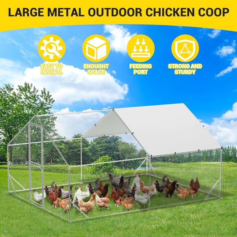 Large Metal Chicken Coop Run,Walk-in Poultry Cage with Waterproof Roof Cover