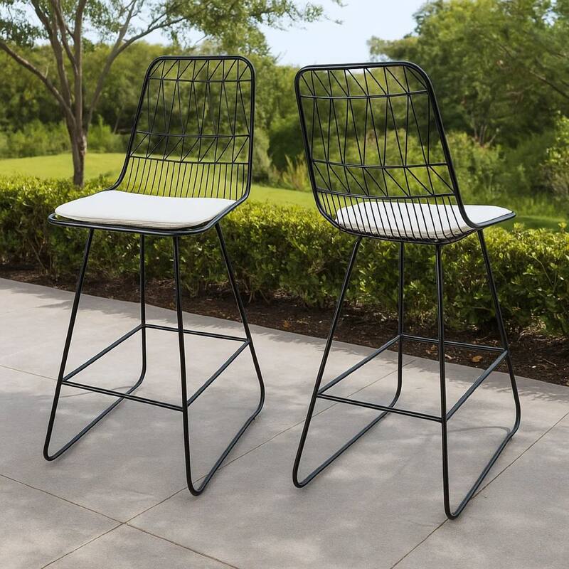 Outdoor Counter Stool Chair Set of 2, Black Iron Frame Construction