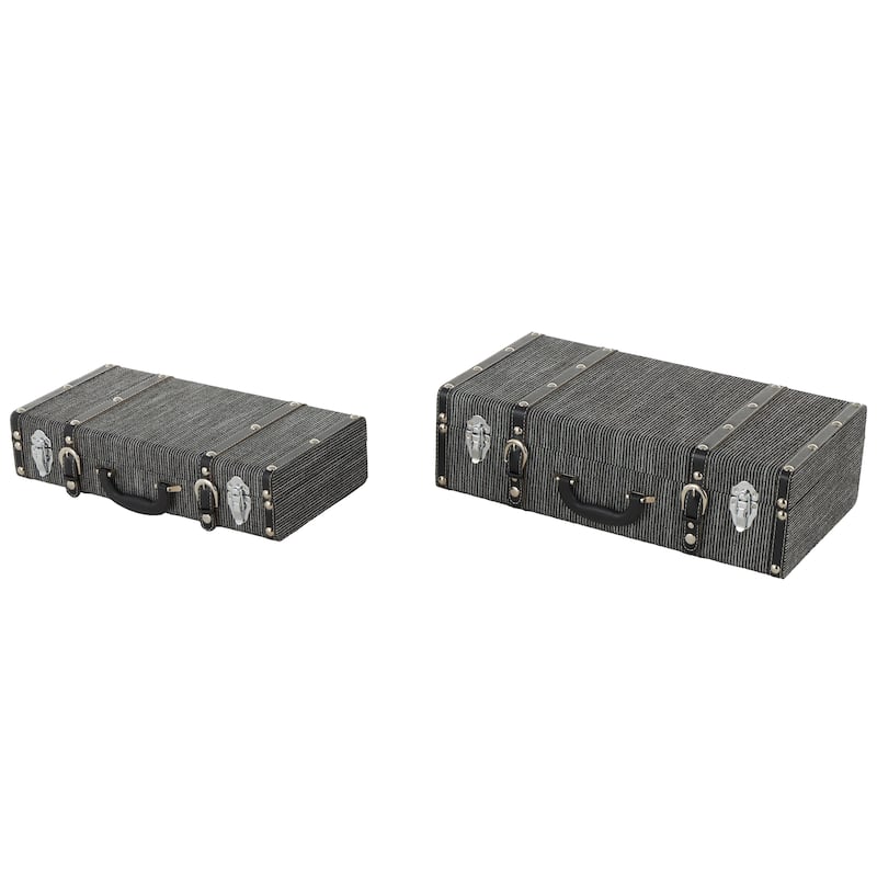 Black Fabric Woven Storage Decorative Trunk with Silver Latches and Buckles (Set of 2)