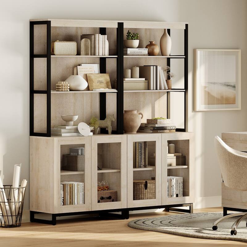 2 PCS Modern 72" Tall Bookcases with Glass Doors and Adjustable Shelves for Home Office, Living room. - 7'9" x 9'9" - beige
