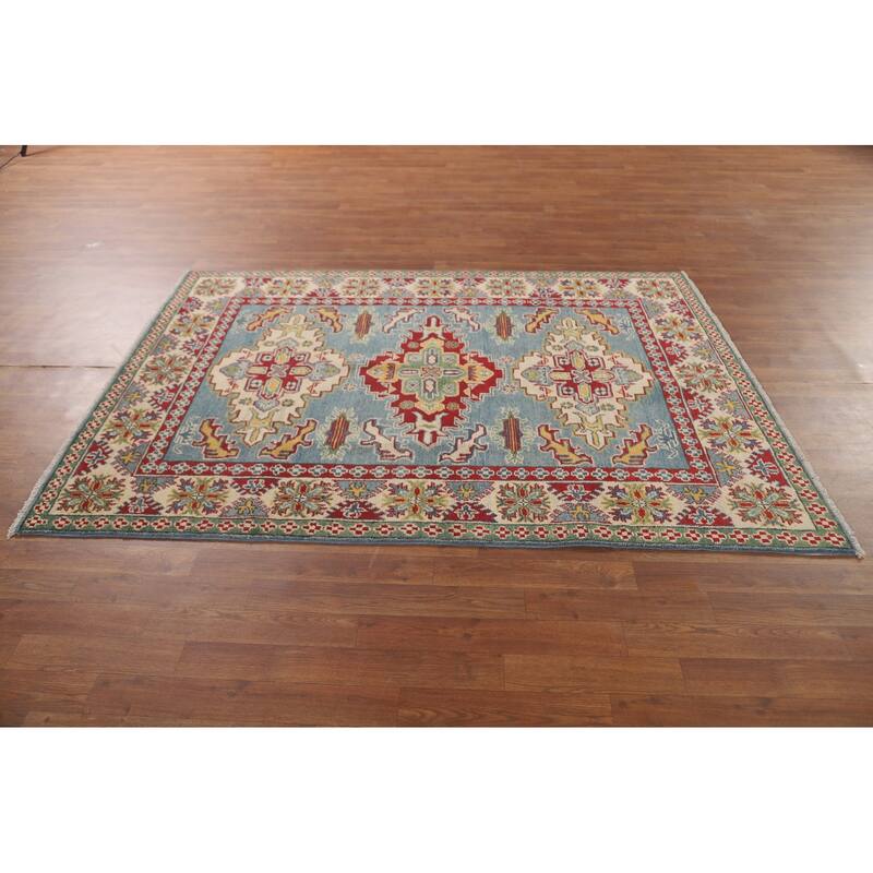 Light Blue Geometric Kazak Area Rug Hand-Knotted Wool Carpet - 4'10" x 6'7"