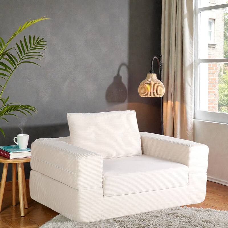 Compression Human Dog Sofa Bed, 3-in-1 Corduroy Floor Couch with Pillow, Folding Lounger for Adults & Pets - Beige