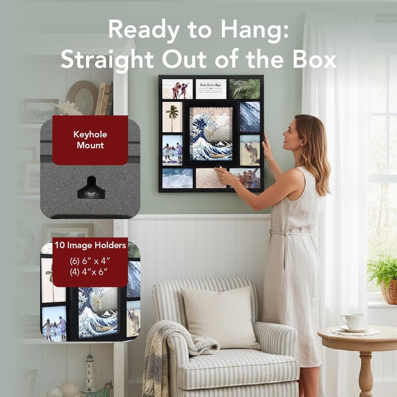 American Art Decor Picture Frame Collage Wall Clock 12 Photo Display Slots