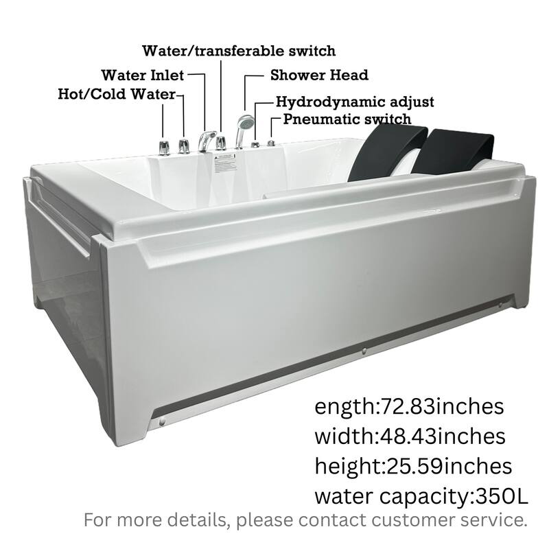 Whirlpool Tub, 73" x 48" Jetted Bathtub for 2 Person