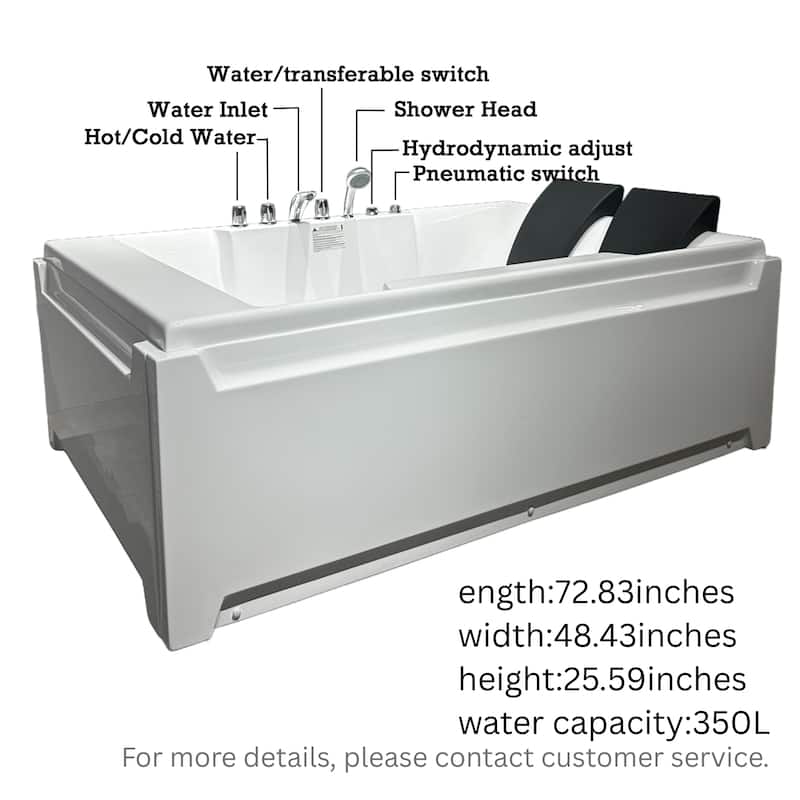 Whirlpool Tub,73" x 48" Jetted Bathtub for 2 Person