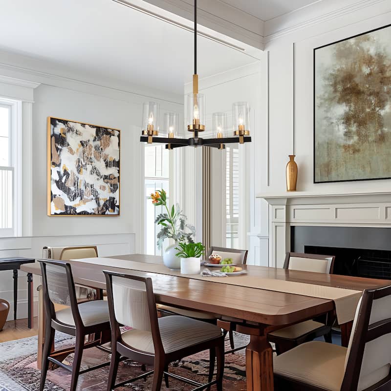 Modern Glam 5-Light Black Gold Cylinder Glass Chandelier for Dining Room - 22" W x 15" H
