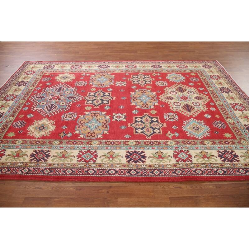 Hand Knotted Oriental 100% Wool Carpet Traditional Geometric Red Kazak Area Rug - 9' 11'' X 6' 6''