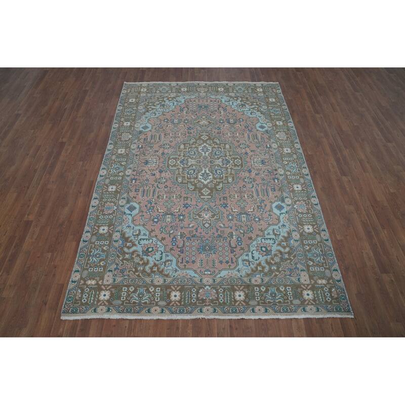 Pink Geometric Tabriz Persian Vintage Rug Handmade Wool Carpet - 6'6" x 9'8"