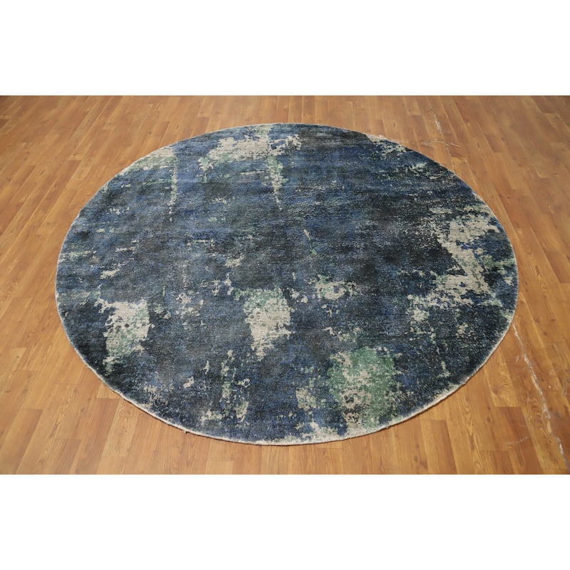 Hand Knotted Oriental Viscose Silk Carpet Modern Abstract Navy Blue & Blues Abstract Area Rug - 6' 8'' X 6' 8''