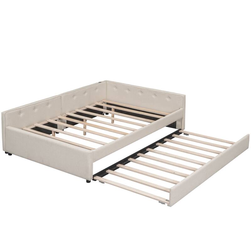 Full Daybed Frame with USB Charge and Trundle - Beige